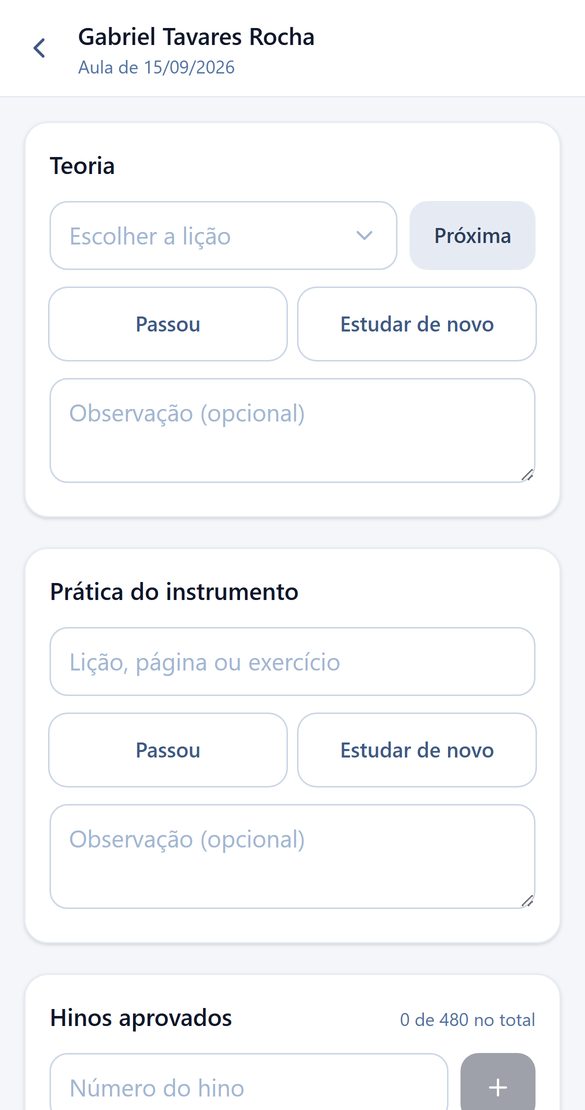 Tela de anotação da aula, com teoria, prática e hinos