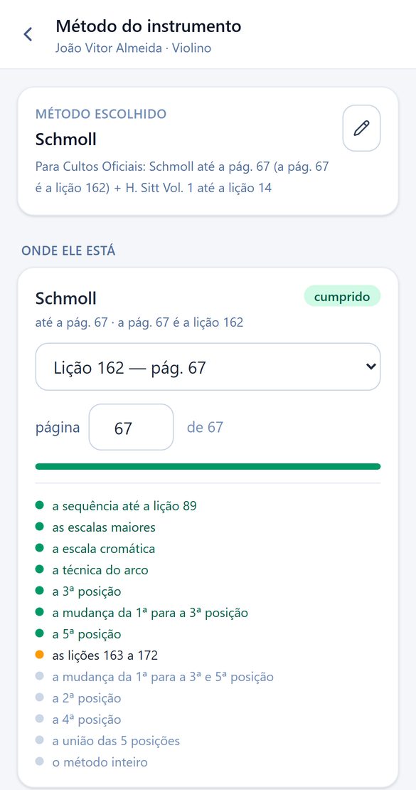 Tela do método do instrumento, com as lições e o quanto falta