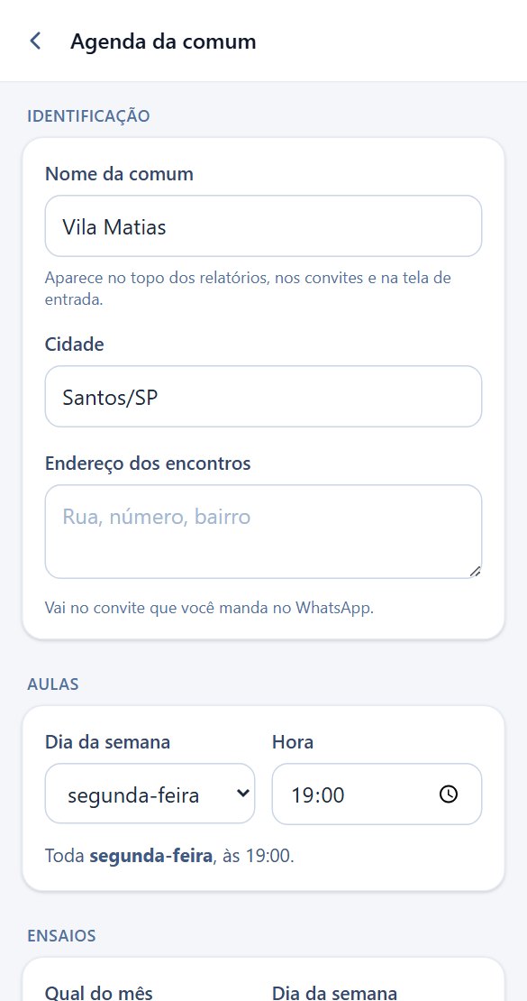 Tela da agenda da comum, com dia e hora da aula e do ensaio