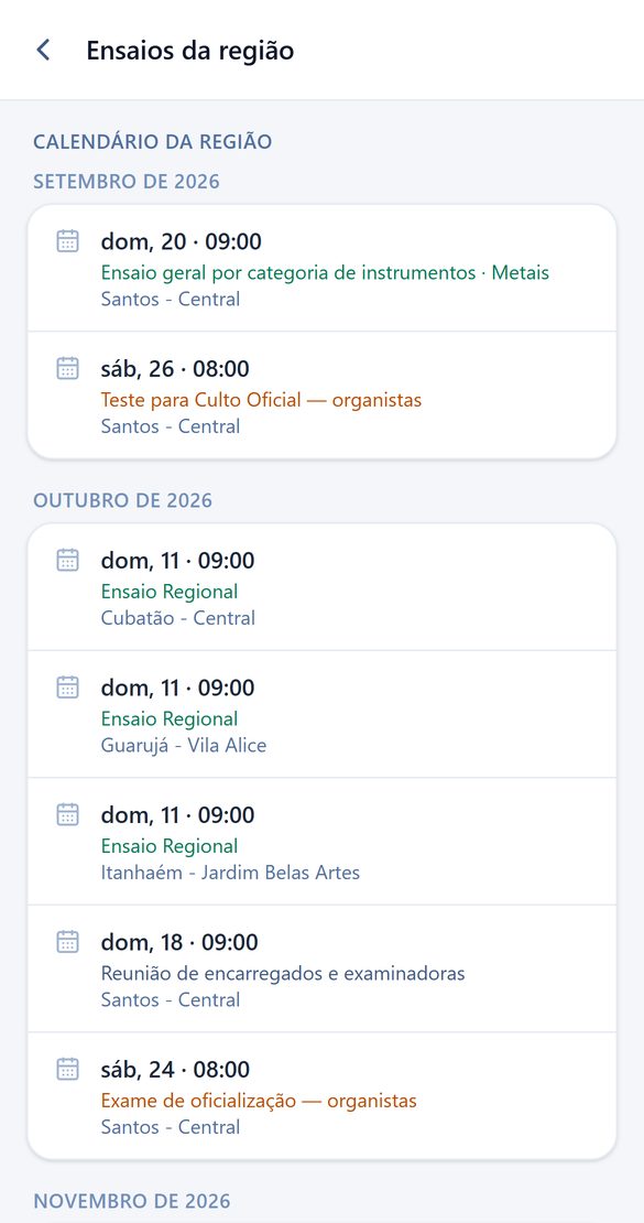 Calendário de ensaios da região